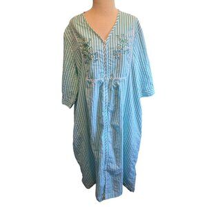 Collections Etc Womens House Dress Moo Moo XL Green White Stripe Embroidery Zip